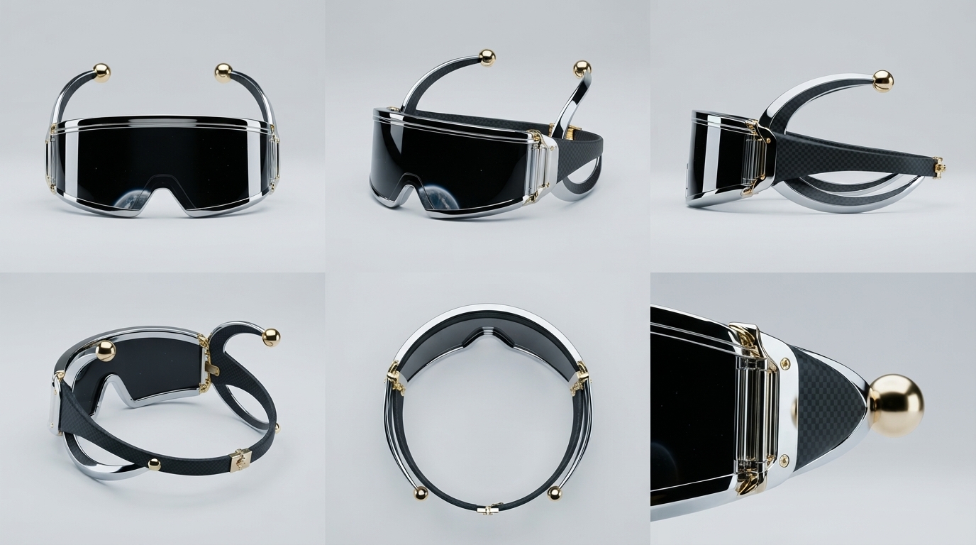 Futuristic Veyra eyewear shown from six angles, including construction details