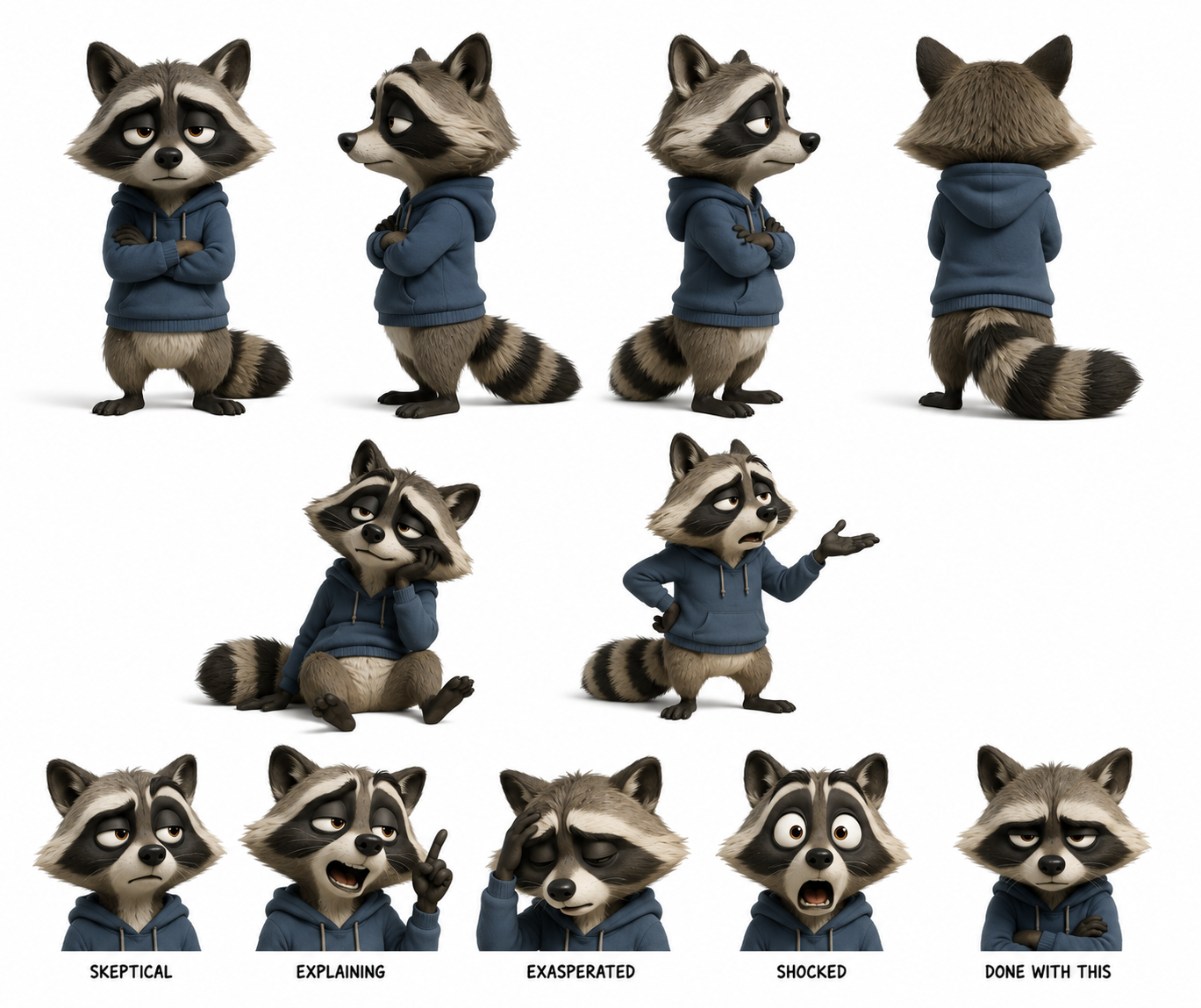 Raccoon character sheet showing full-body angles, poses and expressions