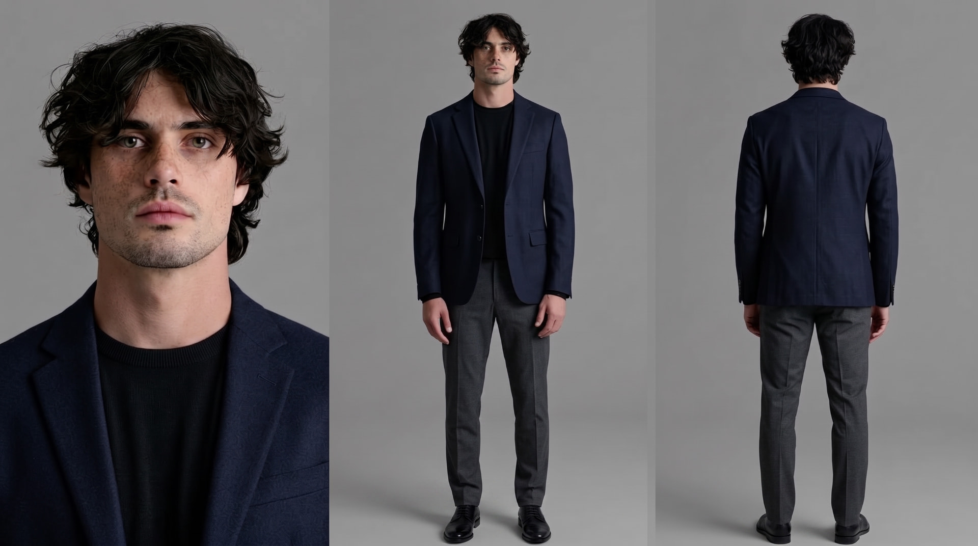 Male character reference with portrait, full-body and rear views