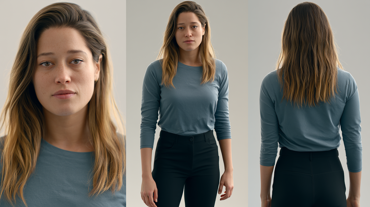 Female character sheet with portrait, full-body and rear views