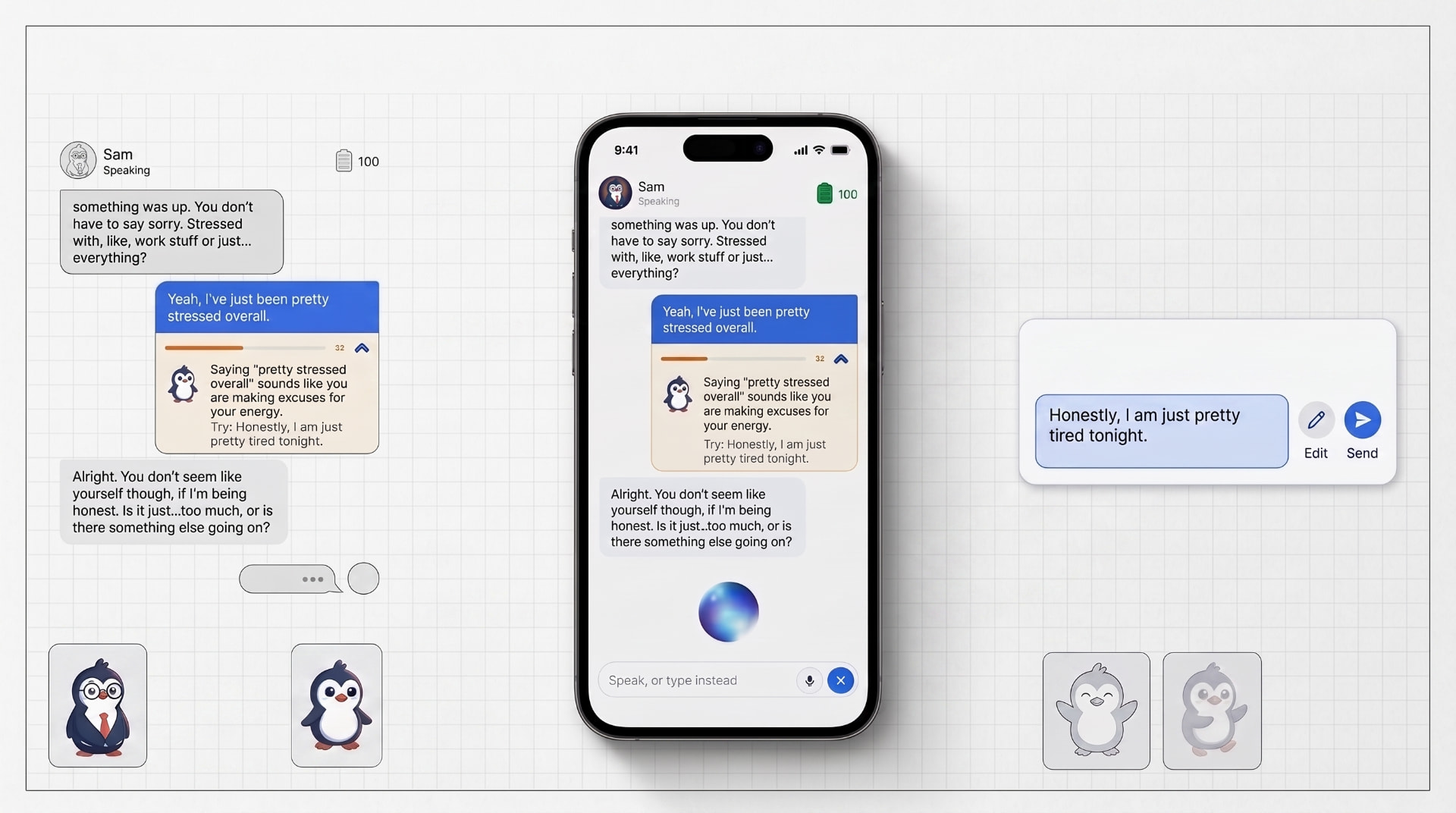 Phone prop sheet showing the Quippy message interface and mascot