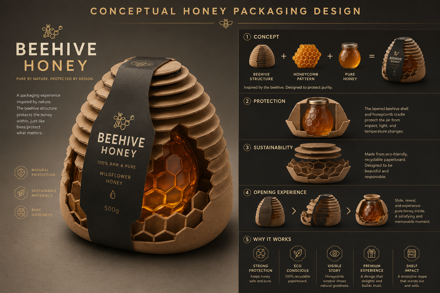Beehive Honey concept packaging, a honey jar protected by layered kraft-paper beehive forms