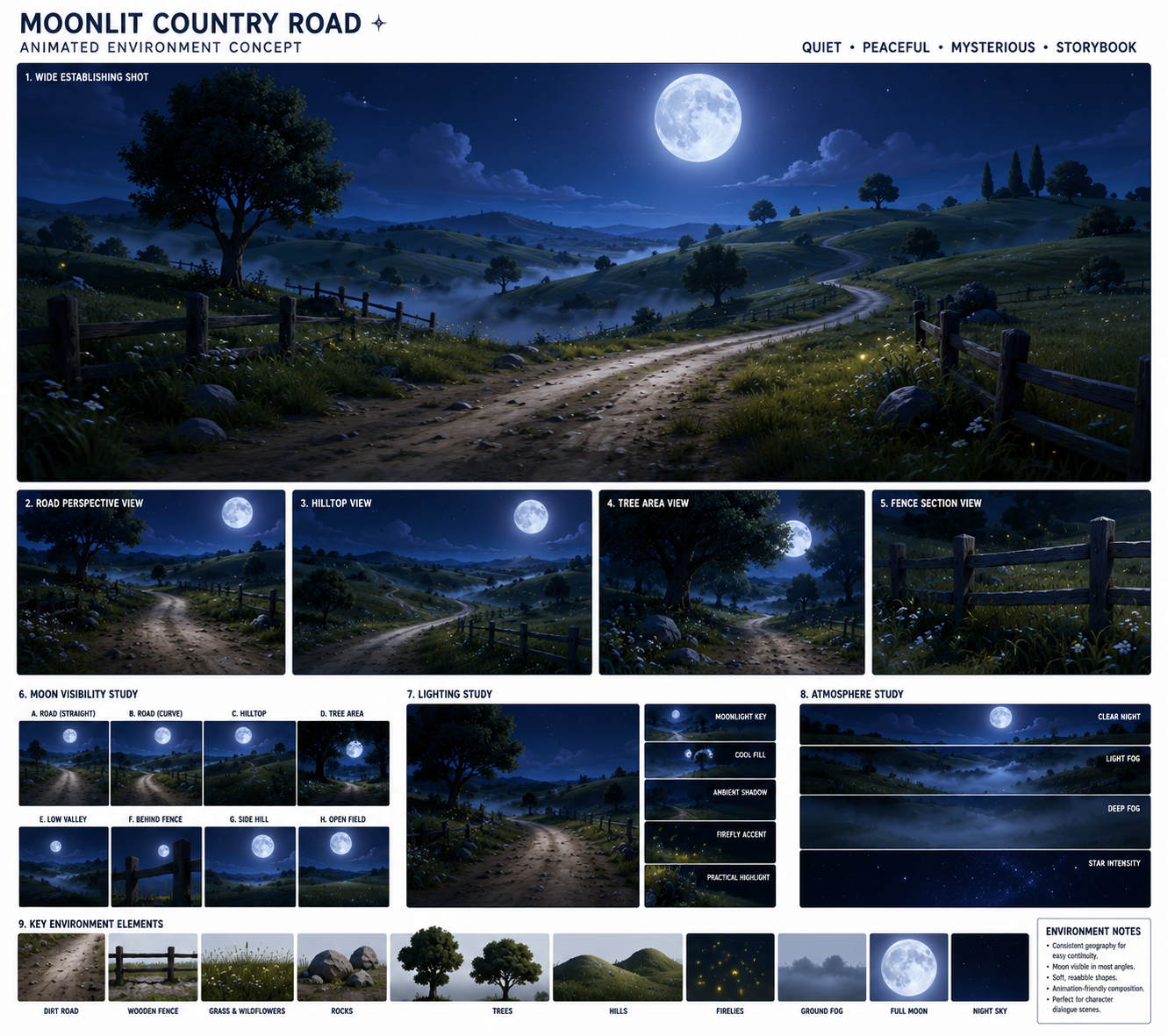 Moonlit country road environment sheet with views and lighting studies
