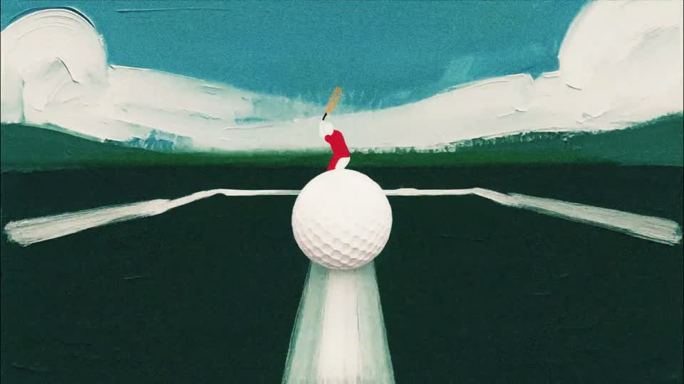 Painted tennis scene with a player and ball in the Adidas animation ad