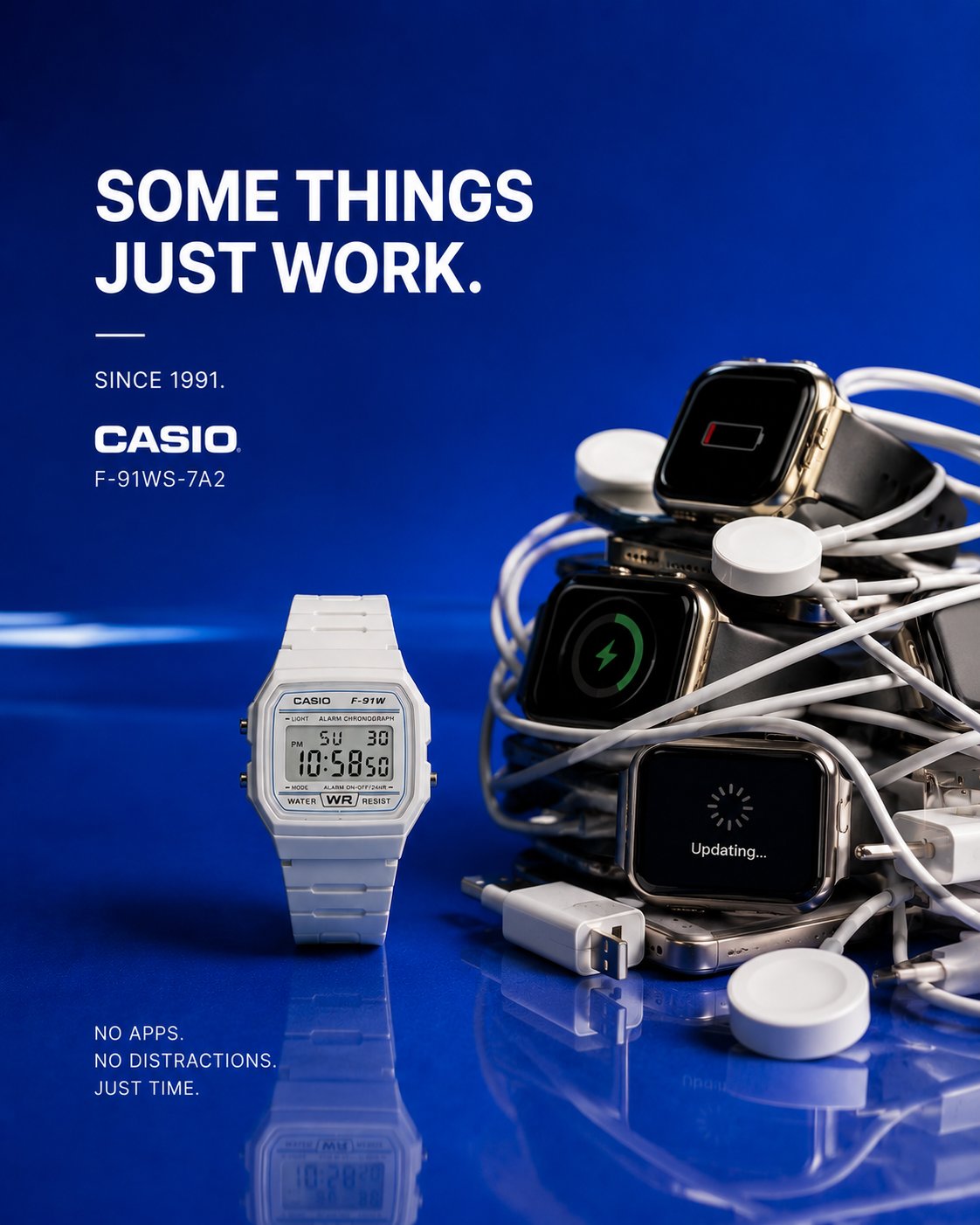Conceptual watch ad, simple digital watch beside a tangle of charging smartwatches