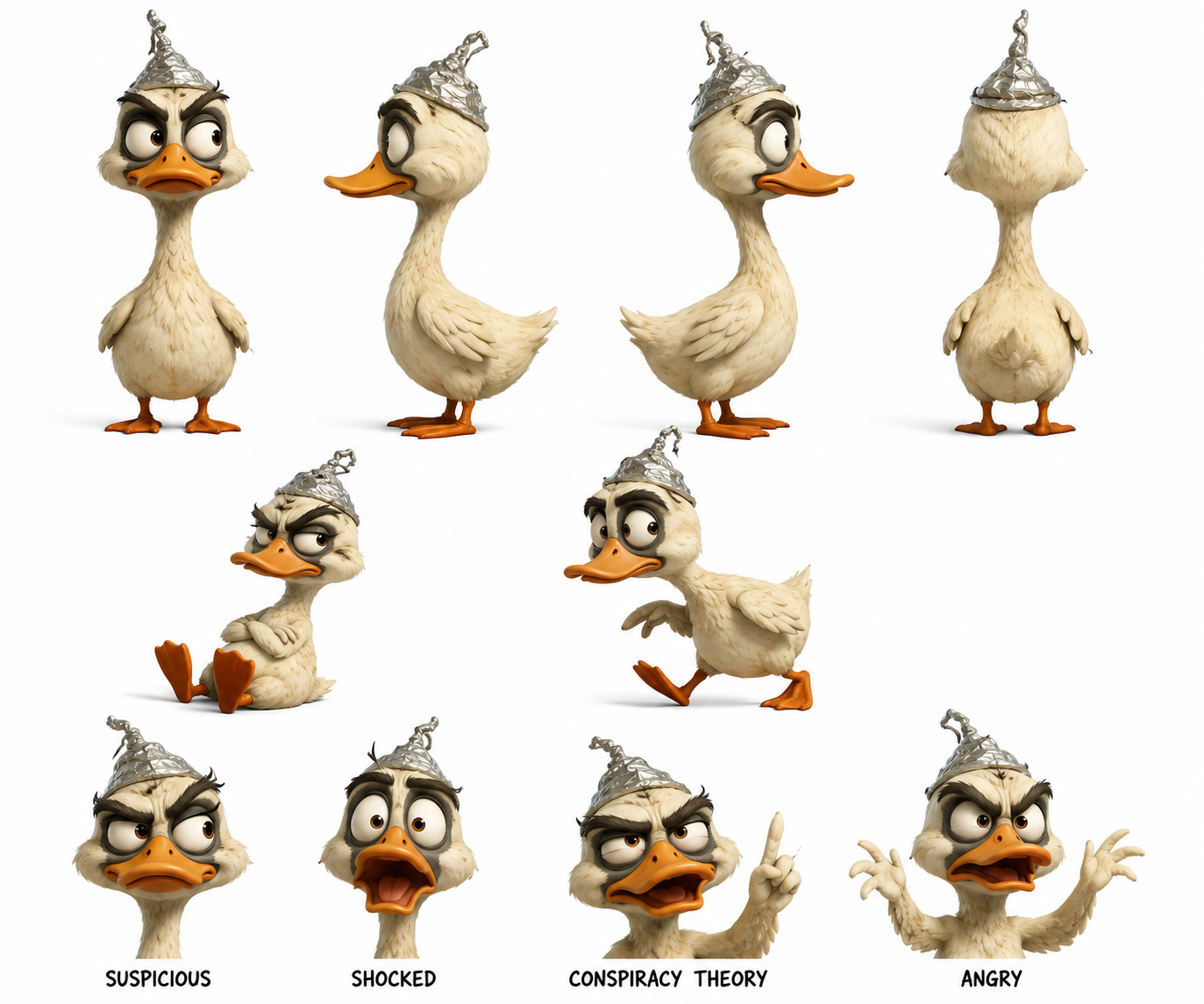 Duck character sheet showing full-body angles, poses and expressions