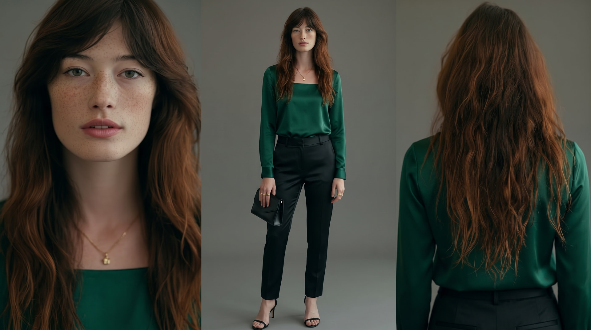 Female character date-night look with portrait, full-body and rear views