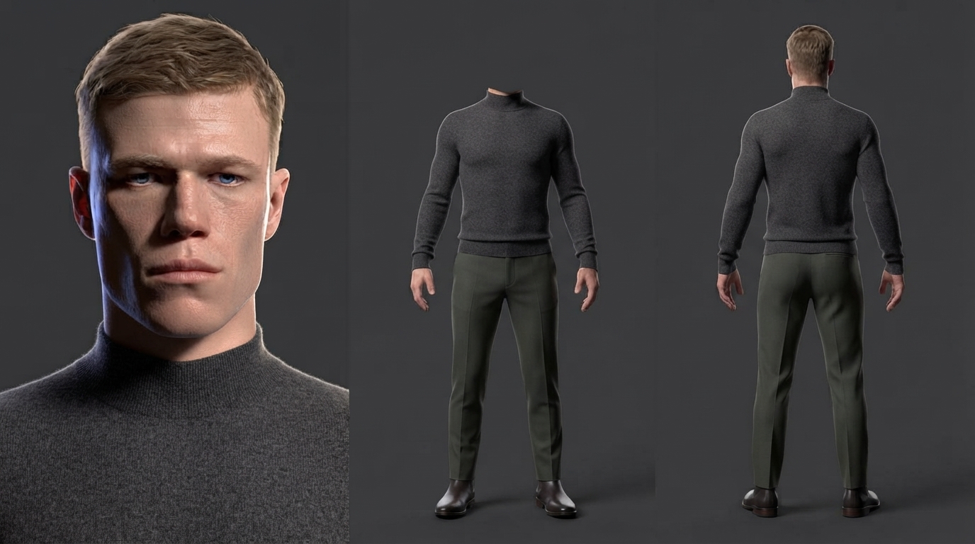 Character reference with close-up portrait and front and back outfit views