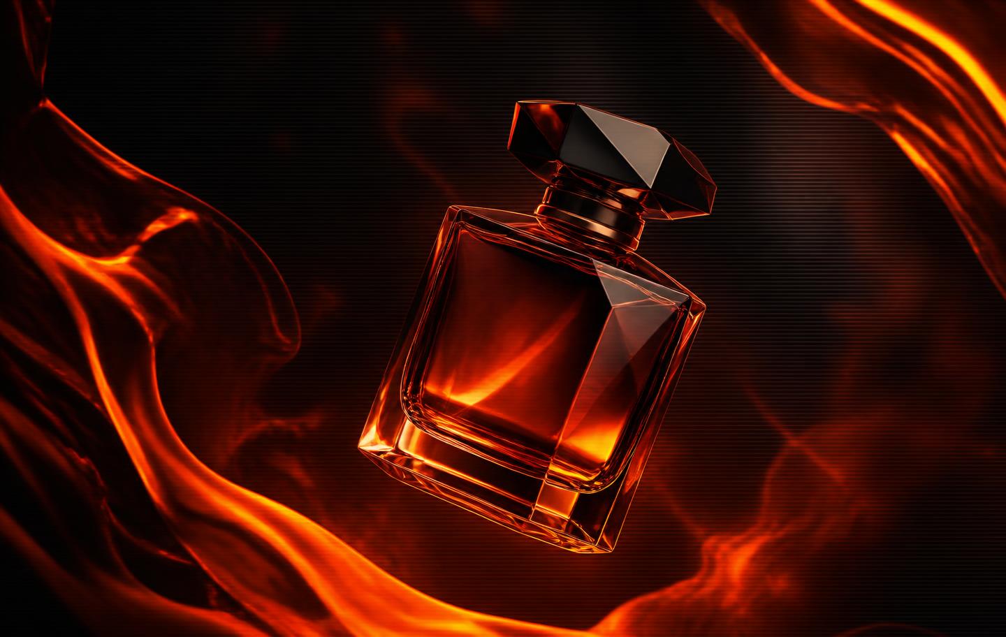 Product static ad with a glass bottle floating in molten orange haze